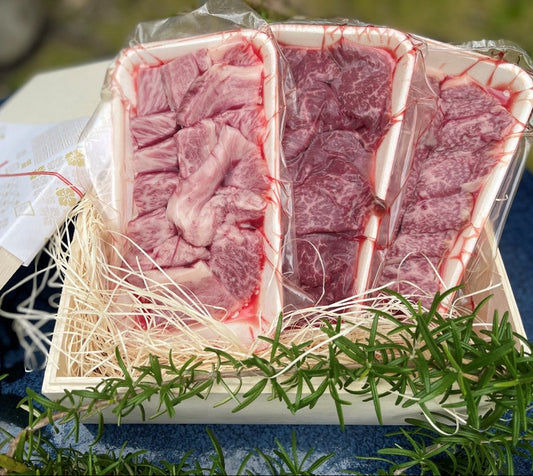 【贈答用】黒毛和牛A5ランク３種焼肉カット（計600ｇ強）木箱入りギフト