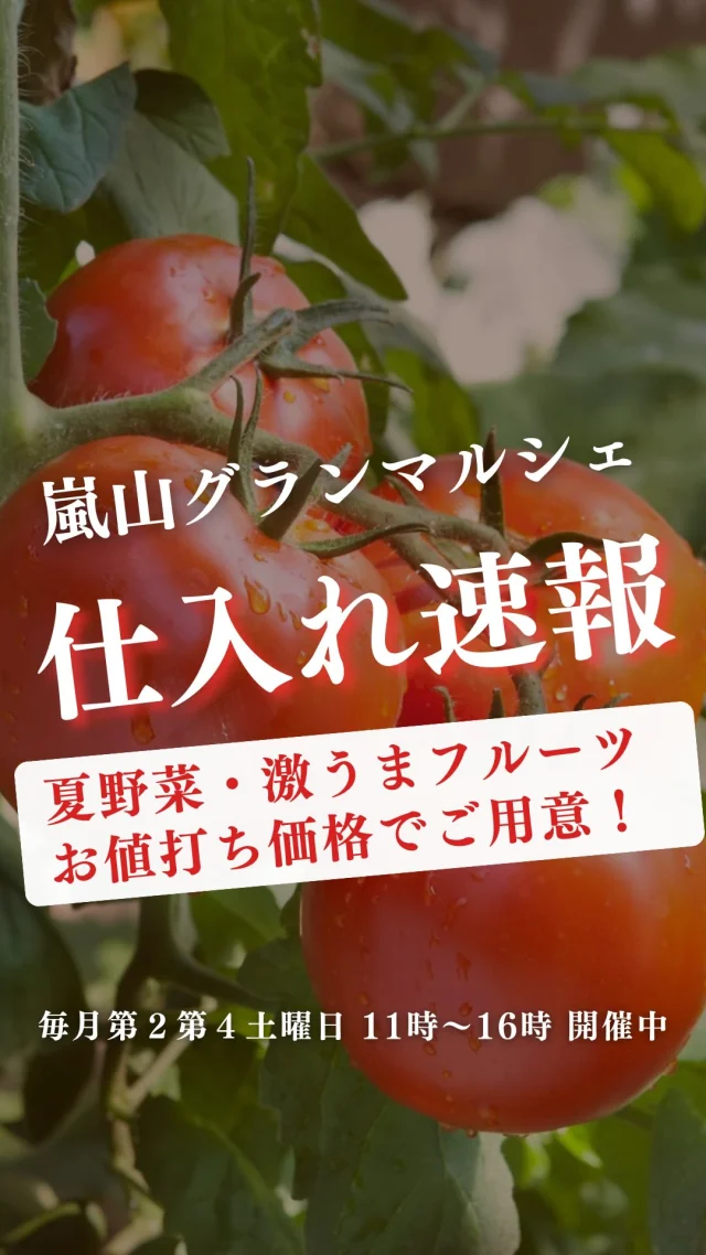 大目玉！！
✨生プルーン入荷（アーリーリバー）590円
✨山形県産、小玉スイカ『ピノガール』980円
✨フルーツトマト『北の極み』１ケース（15玉入）1,700円、バラ120円

◾️野菜
白とうもろこし『シルクスイート』290円
黄パプリカ（3L）100円
赤パプリカ（3L）100円
甘長万願寺
米ナス250円
京都産無農薬有機野菜色々

◾️惣菜
イワシフライ（ロースト）120円
コロッケ（栗かぼちゃ、カレー）100円
赤魚煮付け　250円
⭐自家製和牛焼肉弁当

ベーコンブロック　245円～

●シーフード
鹿児島産うなぎ蒲焼1700円
馬刺し（長野）480円
明太子　1P 450円
釜揚げしらす（和歌山）250円
炙り〆サバ　480円

●鮮魚
真アジ石川1尾　480円
金華サバ 1尾　890円
鮎 1尾　320円
活〆天然真鯛（淡路）３枚おろし
活あわびS390円M680円
岩牡蠣　380円　　
真鯛切身　220円
カンパチ切身　220円

●開き干
高級サバ開き　680円
豊後アジ開き　680円
カマス開き　160円
イサキ開き　620円

●刺身
活〆瀬戸内ハモ湯引き　480円
真鯛
活〆天然ハマチ千葉
活〆天然ぶり羅臼
天然スズキ淡路

🌟そして第4土曜日のマルシェでは
Instagram限定！特別企画を実施しています。
砂糖不使用の自家製ドライフルーツをレジにてプレゼント🍊

◾◾参加方法◾◾
DMに「ドライフルーツ」と送って
第４土曜日！にご来店いただくだけ✨
レジでアカウント名をお伝えください！
自家製ドライフルーツをお渡しします。

もしかすると、嬉しくなっちゃったスタッフから
さらにオマケを貰えるかも…🤭

ご来店お待ちしております！

ーーーーーーーーーーーーーーーーーー
🍊嵐山グランマルシェ🍊
@arashiyama.gm
日時…7月26日土曜日
注意⚠️毎月第２第４土曜日の開催
11：00～16：00
雨天決行

場所…京都府西京区嵐山上海道町7-1
嵐山コミュニティハウス内

阪急嵐山線 嵐山駅から徒歩5分
谷ヶ辻町バス停から下車徒歩１分
※駐車スペースはございませんので
近隣駐車場または
公共交通機関をご利用ください🚙

#旬の食材を食べよう #京都おすすめグルメ #無農薬有機野菜 #無添加 #京都マルシェ #京野菜 #嵯峨嵐山 #嵐山コミュニティハウス #嵐山グランマルシェ